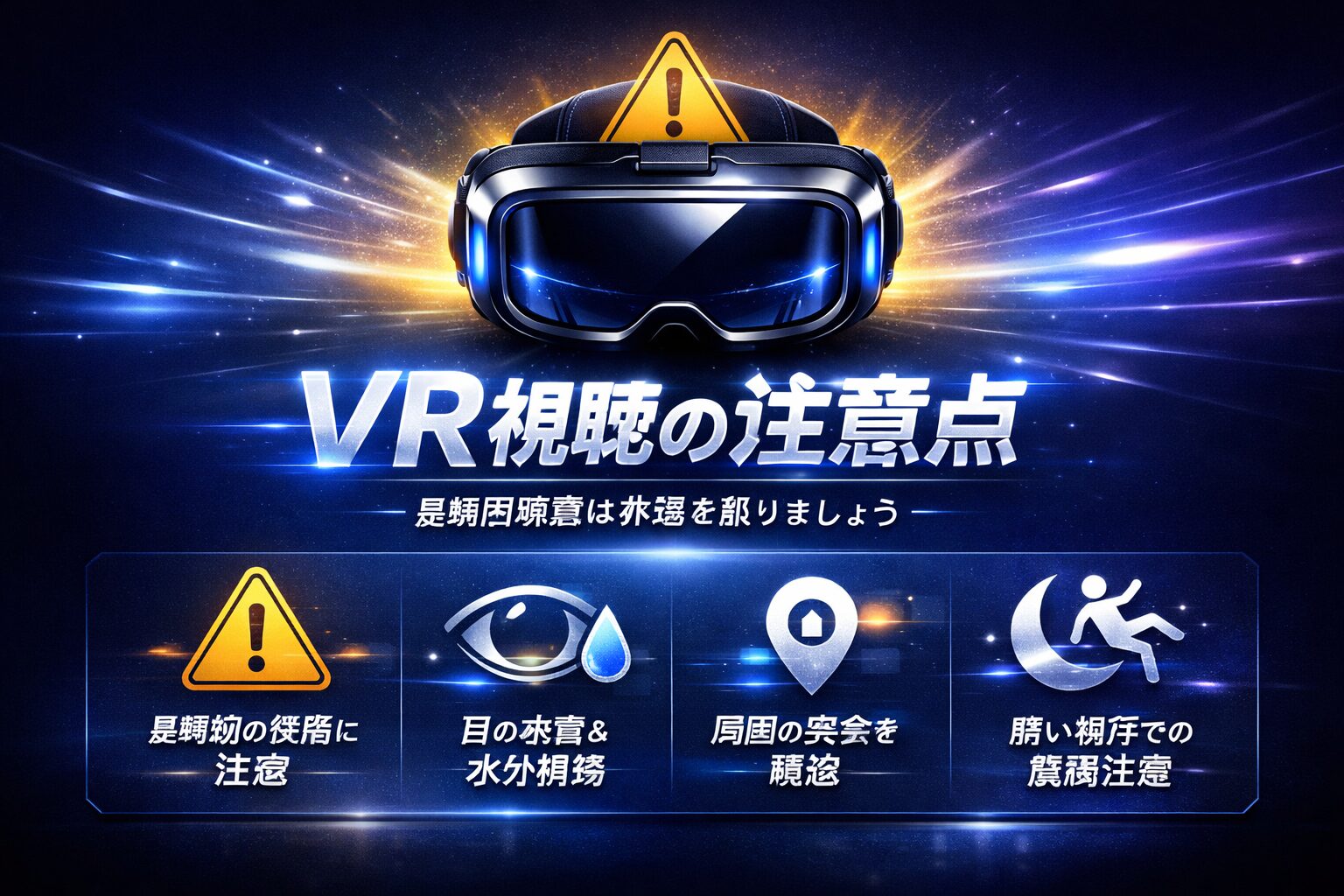 「VRヘッドセットと注意アイコンが並び、VR視聴時の安全ポイント（周囲確認・転倒防止・水濡れ注意など）を示すイメージ画像」