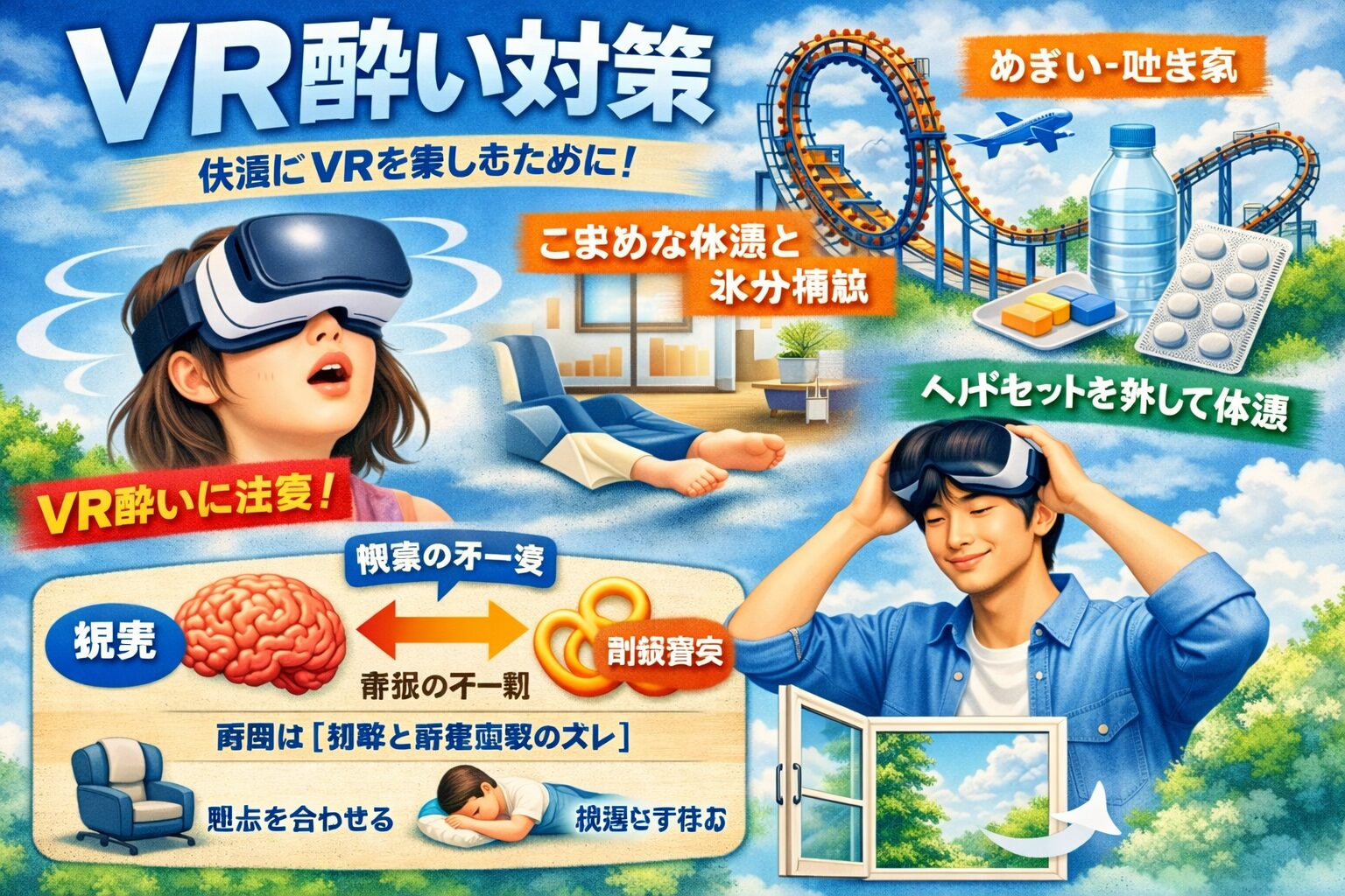 VR酔い対策を説明する日本語インフォグラフィック。視覚と前庭感覚のズレによるVR酔いの原因と、休憩・水分補給・換気・深呼吸などの予防方法をイラストで示しています。