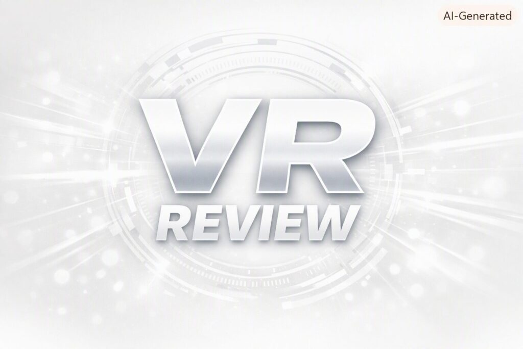 VRレビュー記事の冒頭に使用する白背景の「VR REVIEW」ロゴバナー画像です。