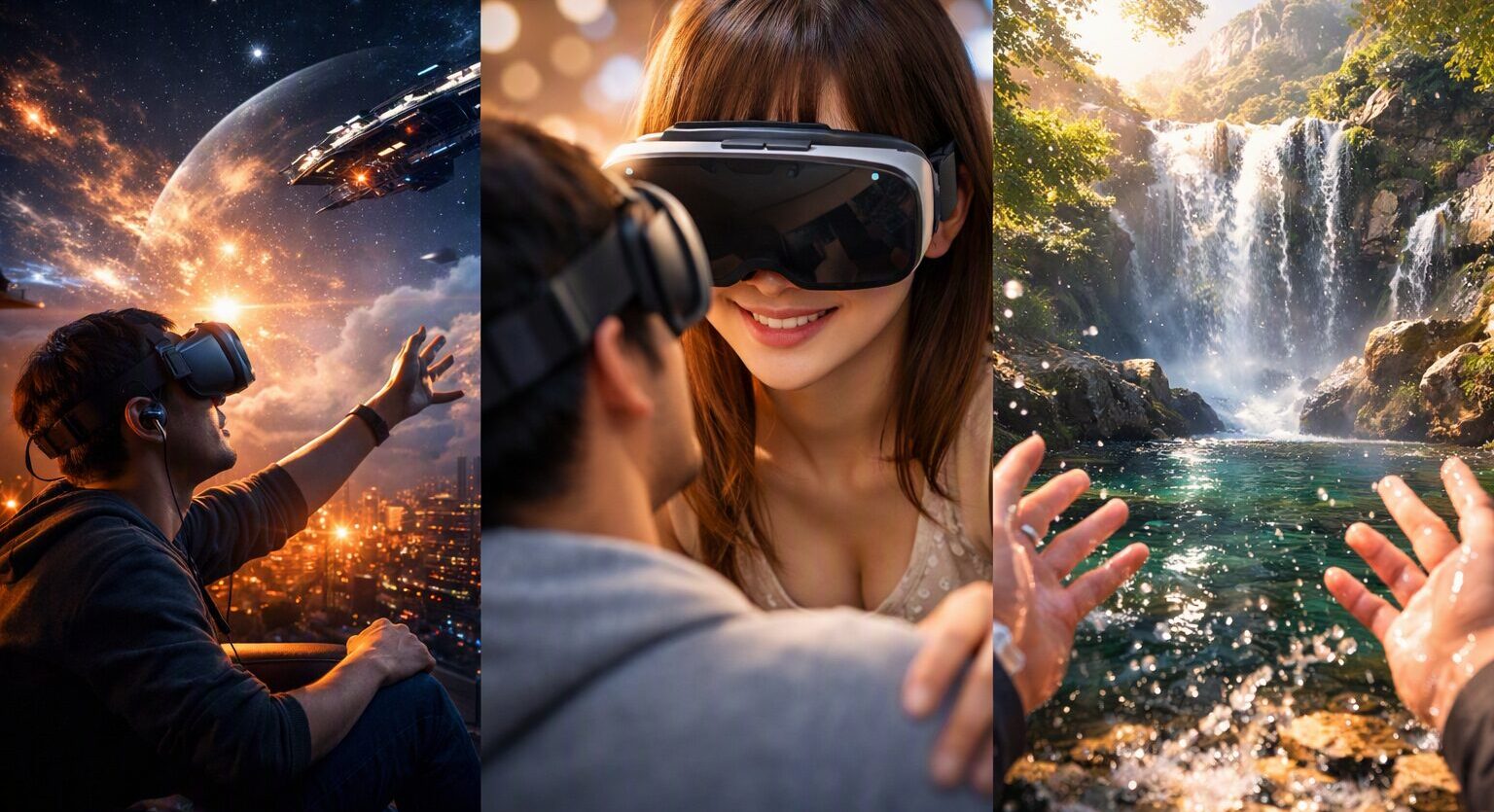 VRヘッドセットを装着して仮想空間を体験する若者のイメージ画像