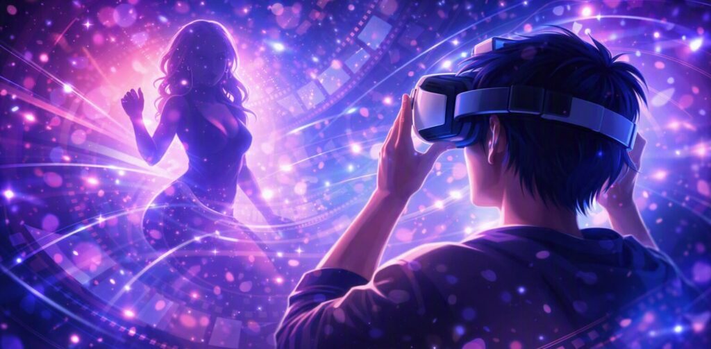 VRゴーグルを装着した人物が没入体験をしている様子を描いた抽象イメージ