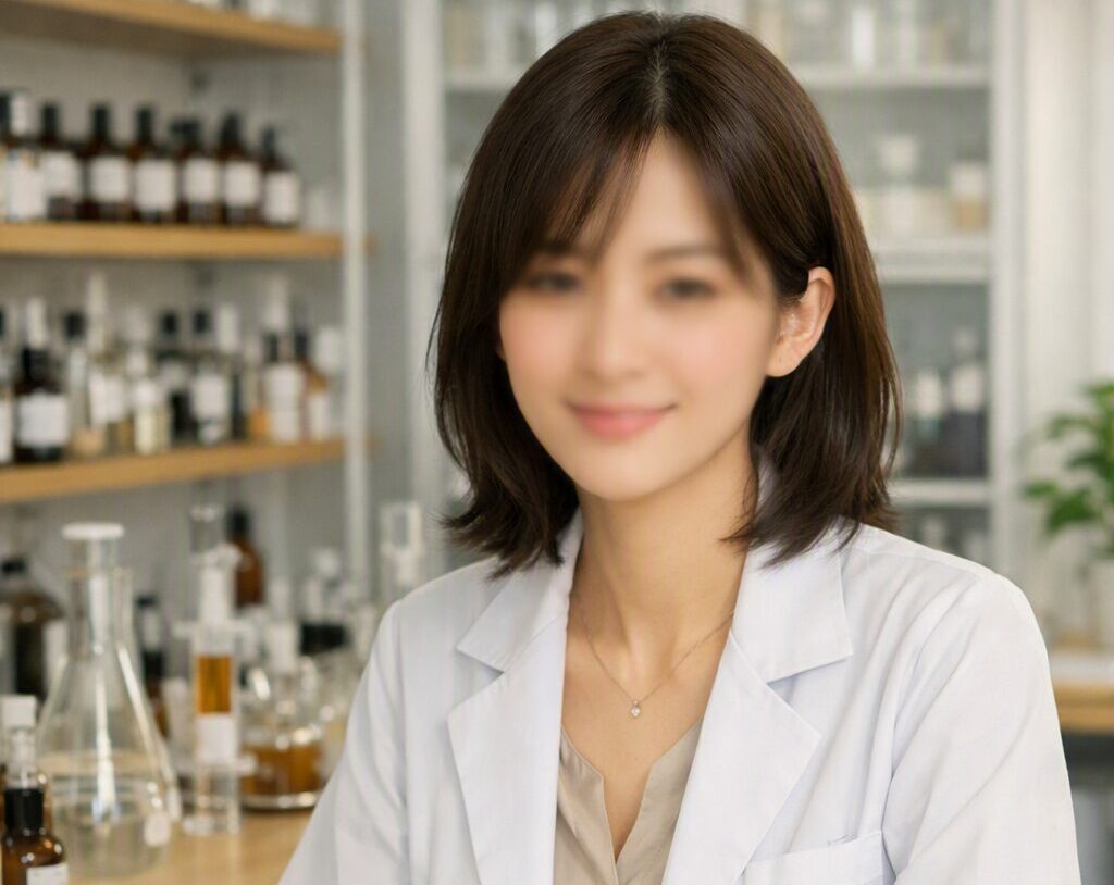 香水メーカーの研究室でノートを取る白衣姿の知的なお姉さん。柔らかな表情と落ち着いた雰囲気が漂う。