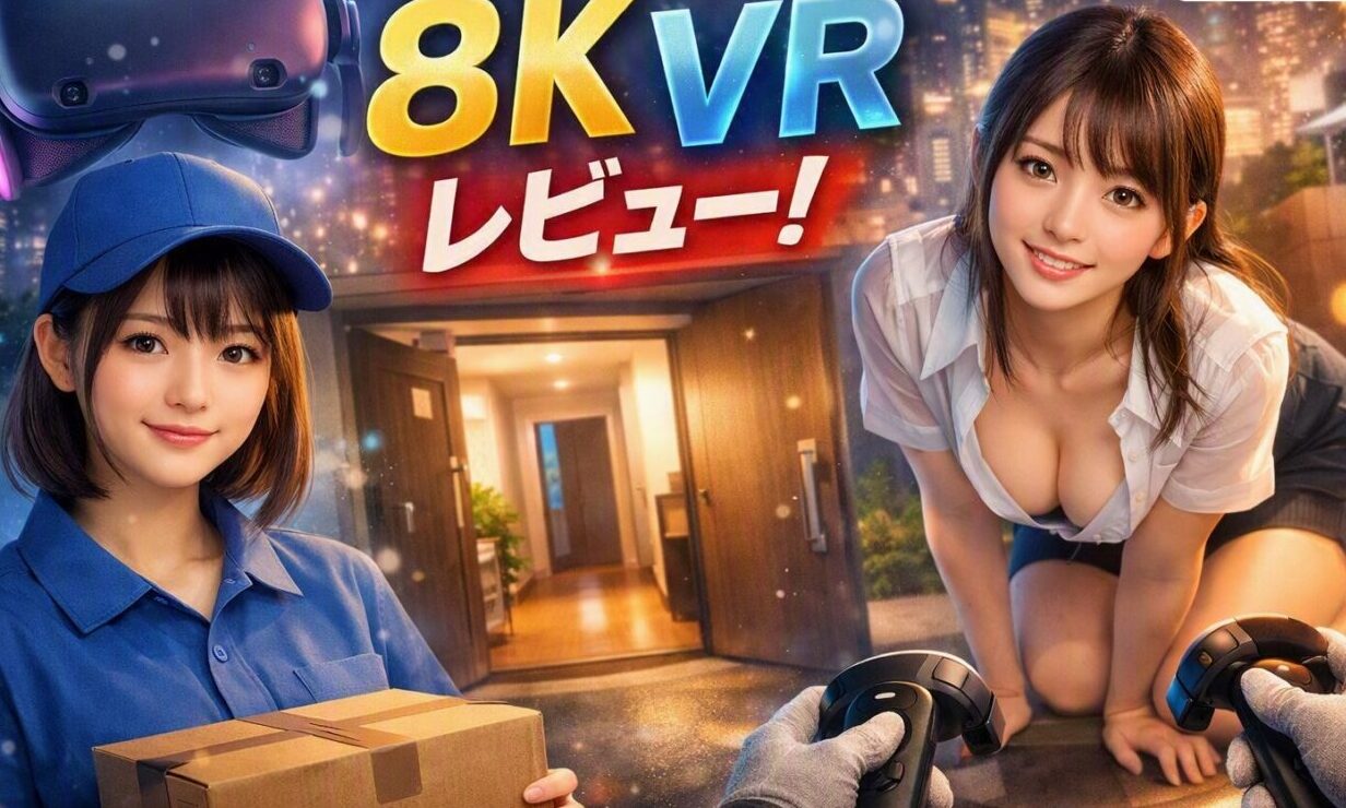 8KVRレビュー記事の背景イメージ。望月つぼみ主演の宅配テーマVR作品を象徴するデジタルイラスト。