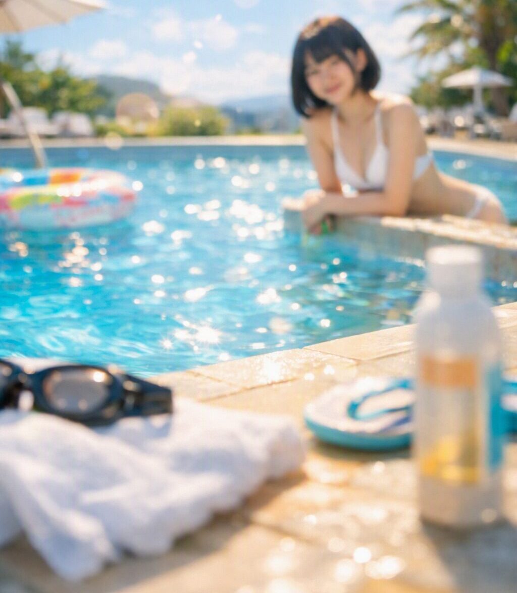 夏の日差しとプールのきらめきを背景に、スレンダー美少女を抽象的に表現した爽やかなイメージ。水面の反射や自然光が8KVRらしい臨場感を演出している。