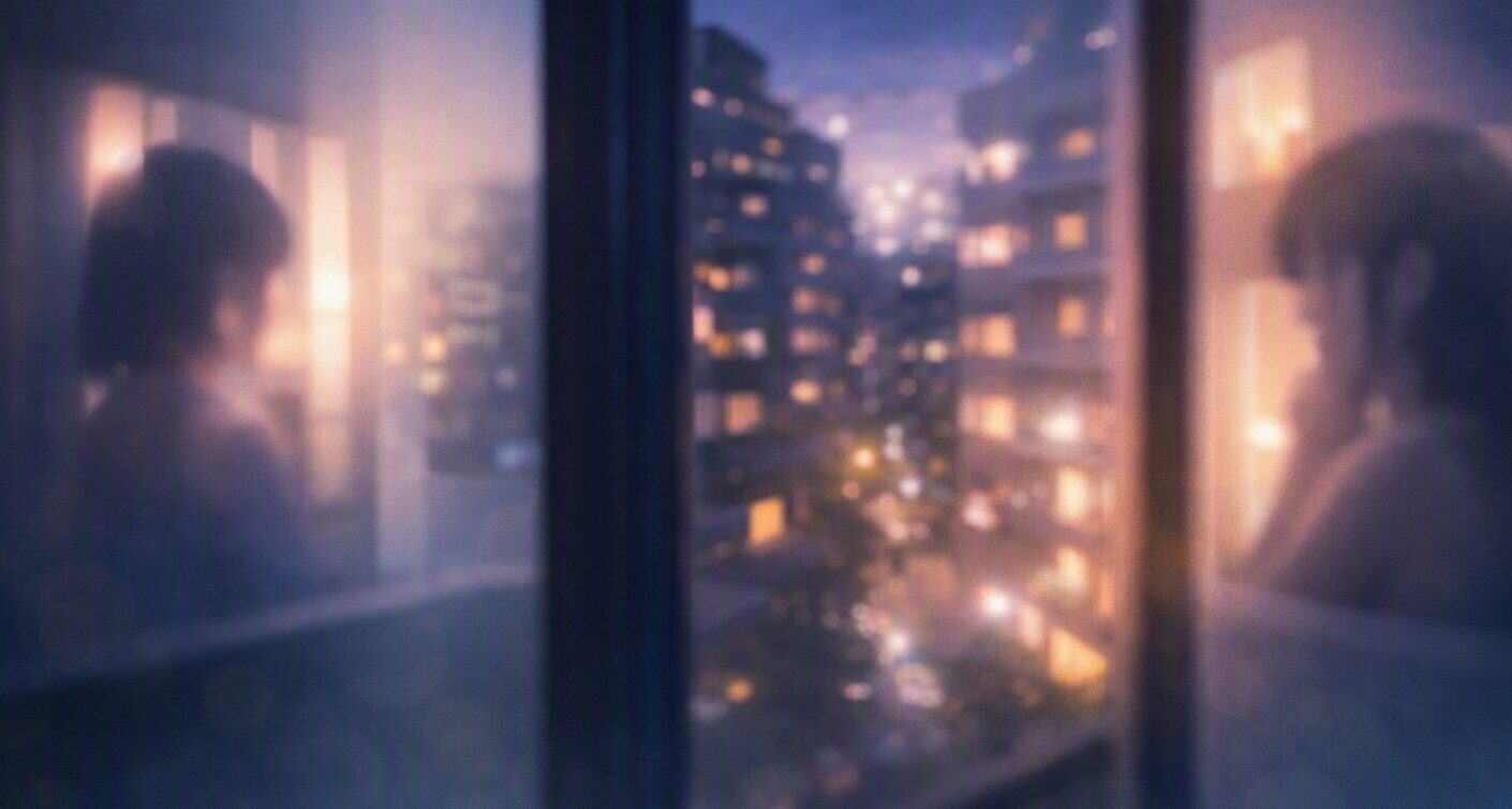 都市型集合住宅の一室を抽象的に描いたイメージ。壁越しの気配や静かな予感を、柔らかな光とぼかし表現で表現した8KVR風の安全なビジュアル。