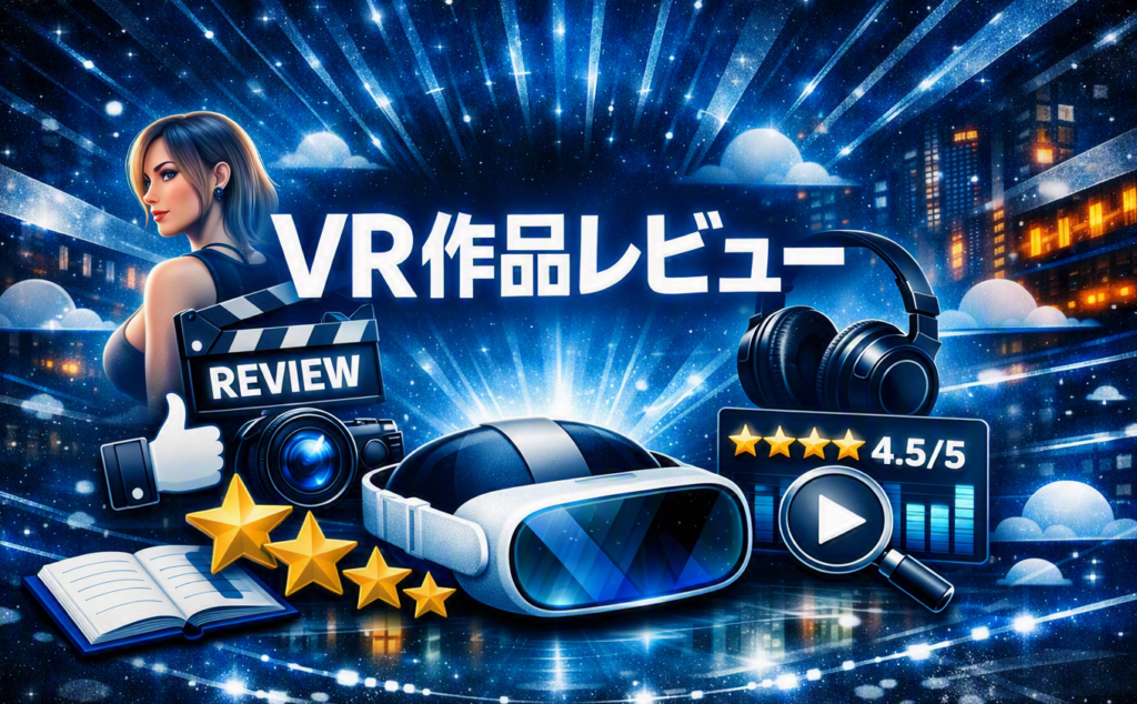 VR作品レビューカテゴリのイメージ画像。中央に白抜きのタイトル文字「VR作品レビュー」が配置され、ネオンブルーの光線とVRヘッドセットが輝くクールなデザイン。