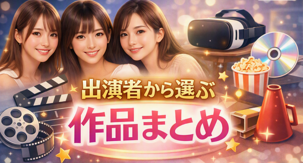 出演者から選ぶ作品まとめ｜女優別に作品を探せる特集イメージ。3人の女性と映画・VR・映像アイコンが並ぶ華やかなバナー。