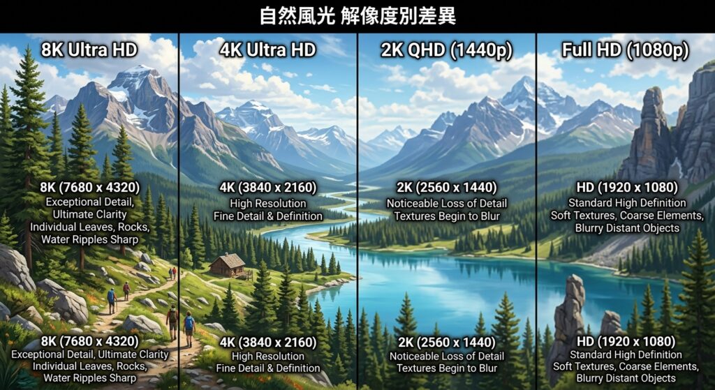 8K・4K・2K・HDの画質比較を示す画像。湖と山の風景を題材に、解像度ごとの細部描写の違いを視覚的に比較している。8Kでは木々や水面の質感が最も鮮明に表現され、HDでは全体がややぼやけて見える構成。