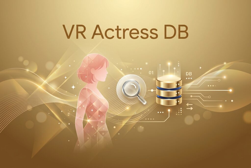 Ranking-hub NexusのVR Actress DBのイメージ画像。ピンク系の背景に女性シルエット、検索アイコン、データベース風アイコンを配置した抽象デザイン。