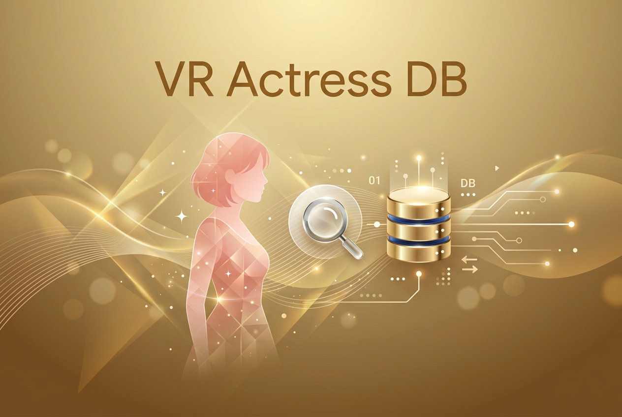 Ranking-hub NexusのVR Actress DBのイメージ画像。ピンク系の背景に女性シルエット、検索アイコン、データベース風アイコンを配置した抽象デザイン。