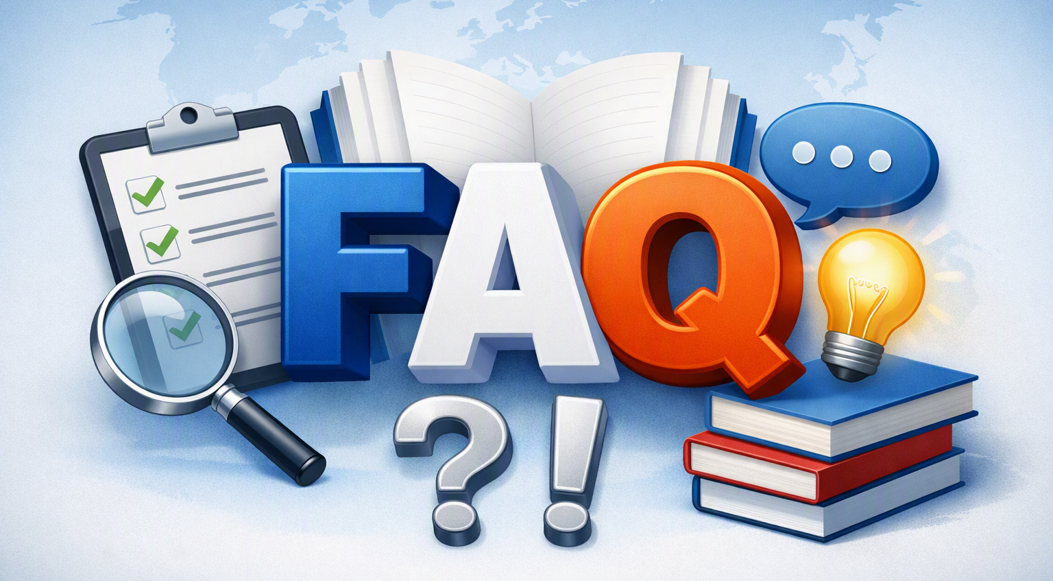 FAQカテゴリを象徴するイラスト。中央に大きな「FAQ」の文字とチェックリスト、電球、吹き出し、書籍が配置され、質問と回答をイメージした構成。