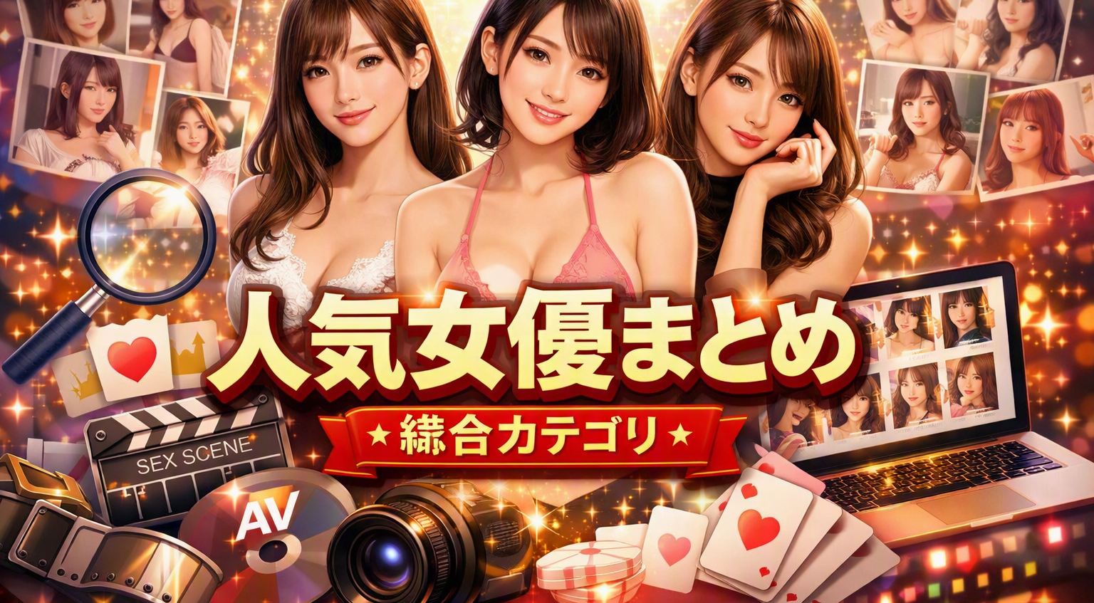 「女優まとめ総合カテゴリを象徴する抽象的なイメージ。光粒子と女性シルエットが重なり、華やかで上品な印象を与えるデザイン。」
