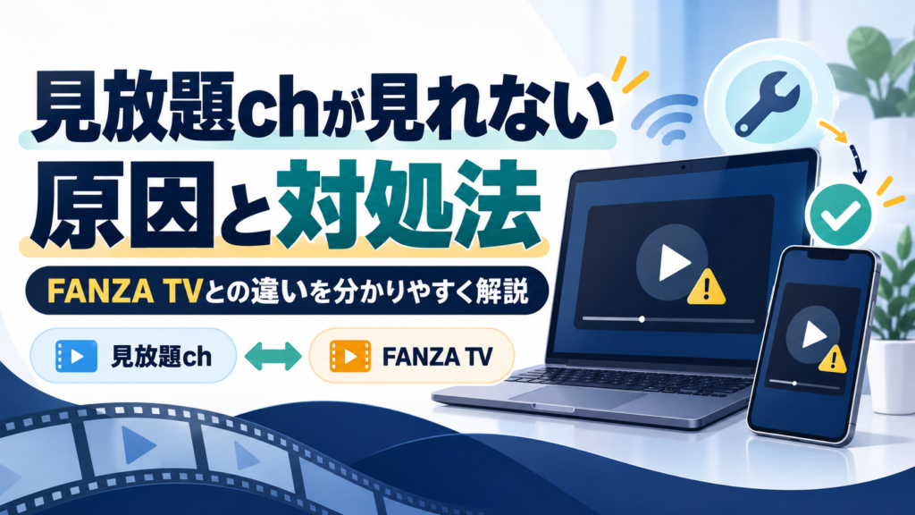 見放題chが見れない原因と対処法を解説する比較画像。FANZA TVとの違いを示すテレビ画面と、リモコンを持って困惑する女性のイメージ。